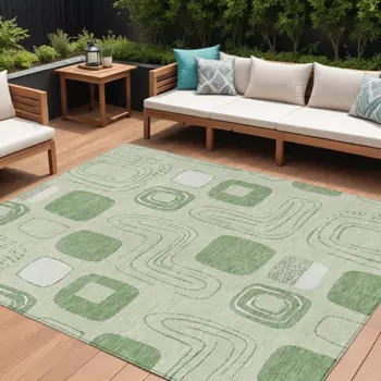 9' X 12' Mint Green And Ivory Geometric Washable Indoor Outdoor Area Rug