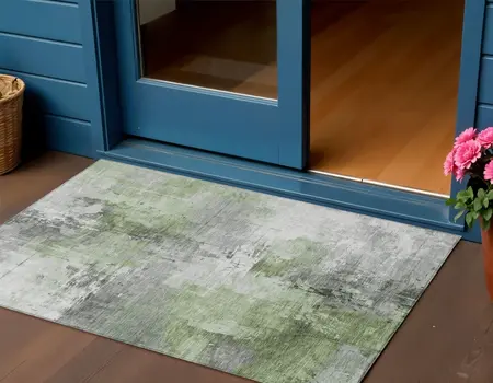 3' X 5' Green Gray And Silver Abstract Washable Indoor Outdoor Area Rug