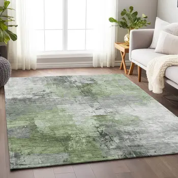 5' X 8' Green Gray And Silver Abstract Washable Indoor Outdoor Area Rug