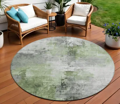 8' Green Gray And Silver Round Abstract Washable Indoor Outdoor Area Rug