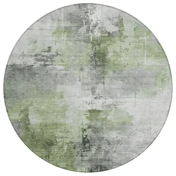 8' Green Gray And Silver Round Abstract Washable Indoor Outdoor Area Rug