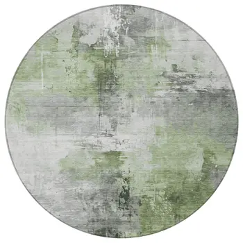 8' Green Gray And Silver Round Abstract Washable Indoor Outdoor Area Rug