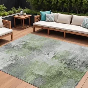 9' X 12' Green Gray And Silver Abstract Washable Indoor Outdoor Area Rug