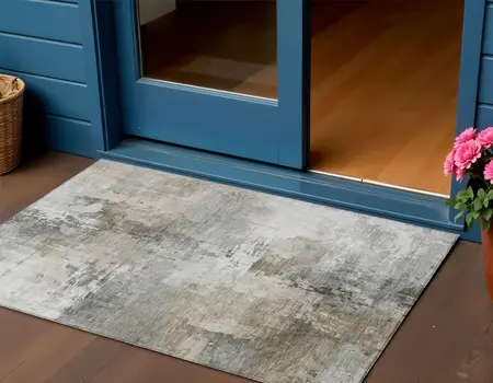 3' X 5' Ivory Gray And Khaki Abstract Washable Indoor Outdoor Area Rug