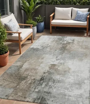 5' X 8' Ivory Gray And Khaki Abstract Washable Indoor Outdoor Area Rug