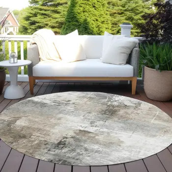 8' Ivory Gray And Khaki Round Abstract Washable Indoor Outdoor Area Rug