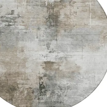 8' Ivory Gray And Khaki Round Abstract Washable Indoor Outdoor Area Rug