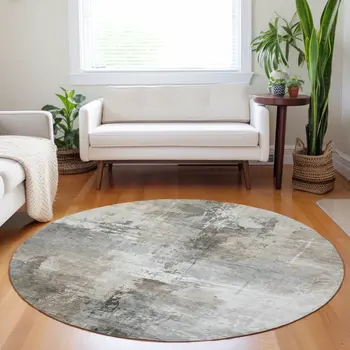 8' Ivory Gray And Khaki Round Abstract Washable Indoor Outdoor Area Rug