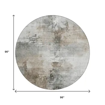 8' Ivory Gray And Khaki Round Abstract Washable Indoor Outdoor Area Rug