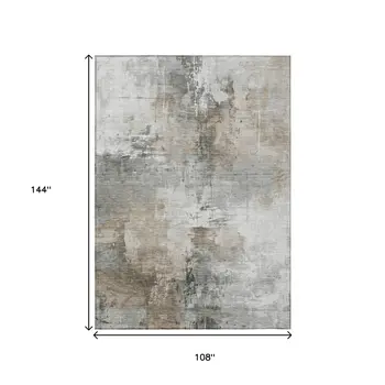 9' X 12' Ivory Gray And Khaki Abstract Washable Indoor Outdoor Area Rug