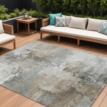 10' X 14' Ivory Gray And Khaki Abstract Washable Indoor Outdoor Area Rug