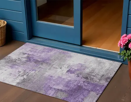 3' X 5' Purple Eggplant And Ivory Abstract Washable Indoor Outdoor Area Rug