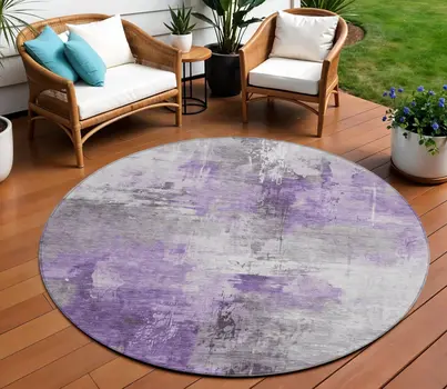 8' Purple Eggplant And Ivory Round Abstract Washable Indoor Outdoor Area Rug