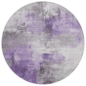 8' Purple Eggplant And Ivory Round Abstract Washable Indoor Outdoor Area Rug