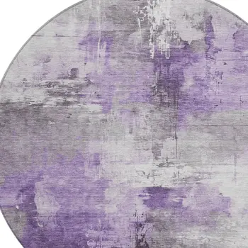 8' Purple Eggplant And Ivory Round Abstract Washable Indoor Outdoor Area Rug
