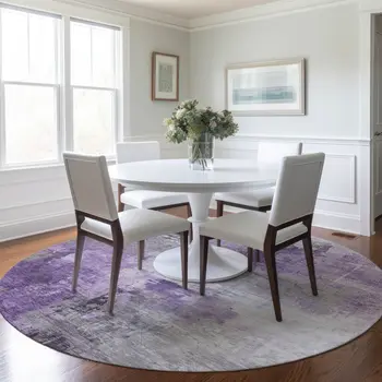 8' Purple Eggplant And Ivory Round Abstract Washable Indoor Outdoor Area Rug