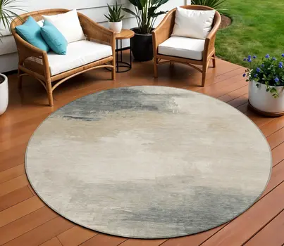8' Beige Taupe And Ivory Round Abstract Washable Indoor Outdoor Area Rug