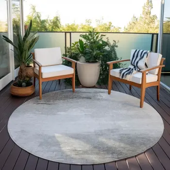 8' Gray And Silver Round Abstract Washable Indoor Outdoor Area Rug