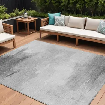 9' X 12' Gray And Silver Abstract Washable Indoor Outdoor Area Rug