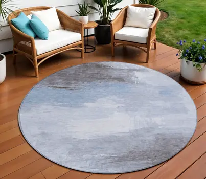 8' Sky Blue Gray And Ivory Round Abstract Washable Indoor Outdoor Area Rug