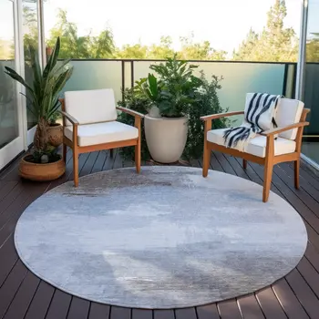 8' Sky Blue Gray And Ivory Round Abstract Washable Indoor Outdoor Area Rug