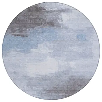 8' Sky Blue Gray And Ivory Round Abstract Washable Indoor Outdoor Area Rug