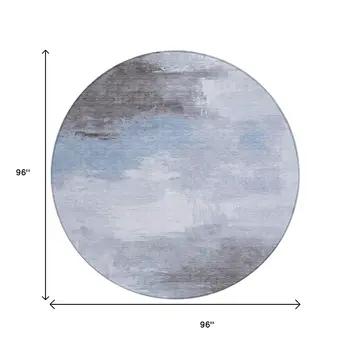 8' Sky Blue Gray And Ivory Round Abstract Washable Indoor Outdoor Area Rug
