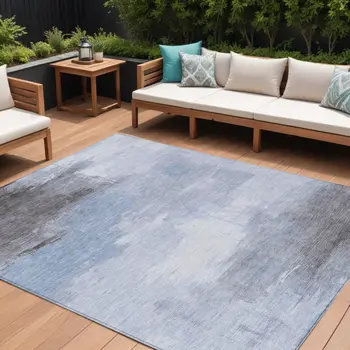 8' X 10' Sky Blue Gray And Ivory Abstract Washable Indoor Outdoor Area Rug