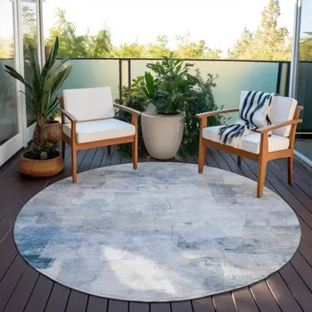 8' Denim Blue Gray And Ivory Round Abstract Washable Indoor Outdoor Area Rug