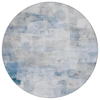 8' Denim Blue Gray And Ivory Round Abstract Washable Indoor Outdoor Area Rug