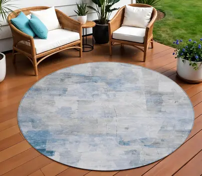 8' Denim Blue Gray And Ivory Round Abstract Washable Indoor Outdoor Area Rug