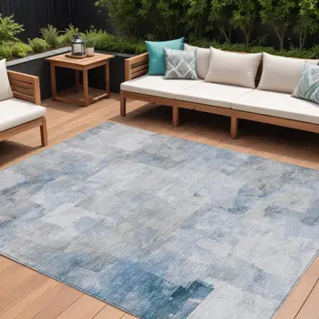 8' X 10' Denim Blue Gray And Ivory Abstract Washable Indoor Outdoor Area Rug