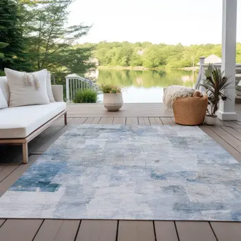 9' X 12' Denim Blue Gray And Ivory Abstract Washable Indoor Outdoor Area Rug