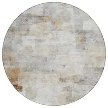 8' Linen Gray And Ivory Round Abstract Washable Indoor Outdoor Area Rug