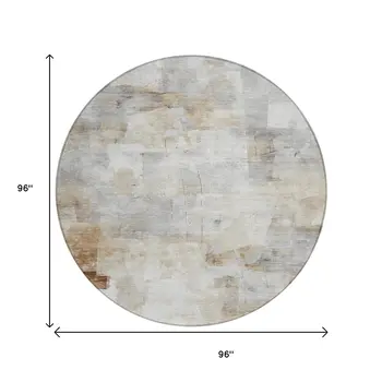 8' Linen Gray And Ivory Round Abstract Washable Indoor Outdoor Area Rug