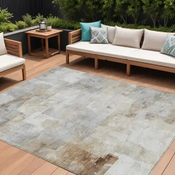 8' X 10' Linen Gray And Ivory Abstract Washable Indoor Outdoor Area Rug