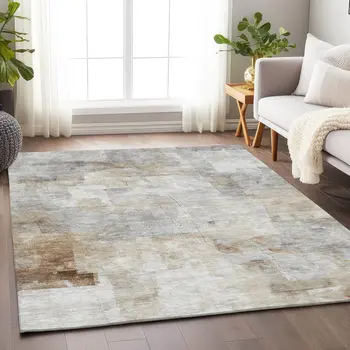 9' X 12' Linen Gray And Ivory Abstract Washable Indoor Outdoor Area Rug