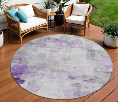8' Lavender Gray And Ivory Round Abstract Washable Indoor Outdoor Area Rug