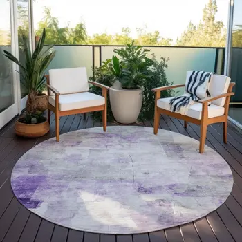 8' Lavender Gray And Ivory Round Abstract Washable Indoor Outdoor Area Rug
