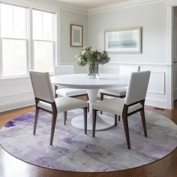 8' Lavender Gray And Ivory Round Abstract Washable Indoor Outdoor Area Rug
