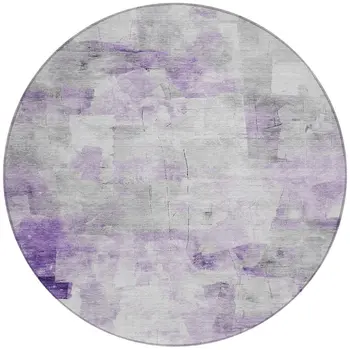 8' Lavender Gray And Ivory Round Abstract Washable Indoor Outdoor Area Rug