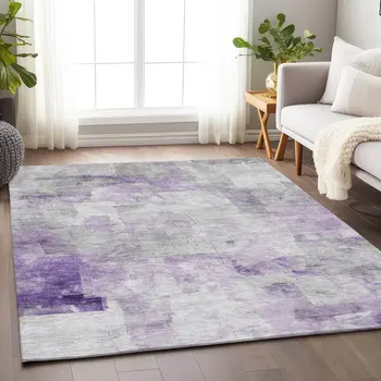 8' X 10' Lavender Gray And Ivory Abstract Washable Indoor Outdoor Area Rug