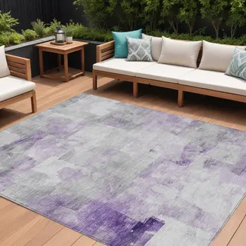 9' X 12' Lavender Gray And Ivory Abstract Washable Indoor Outdoor Area Rug