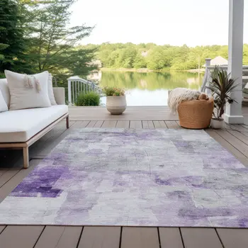 9' X 12' Lavender Gray And Ivory Abstract Washable Indoor Outdoor Area Rug