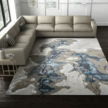 7' X 10' Taupe And Blue Abstract Area Rug