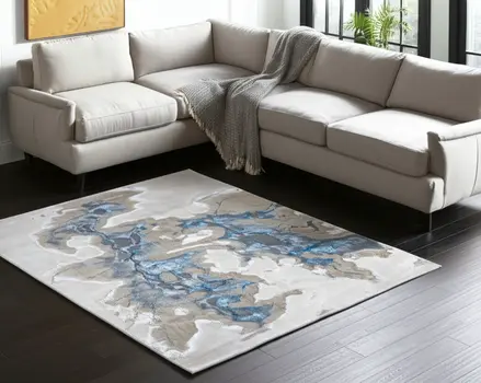 8' X 10' Taupe And Blue Abstract Area Rug