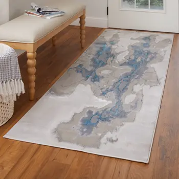 8' Taupe And Blue Abstract Runner Rug