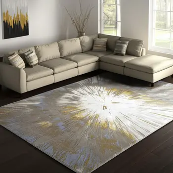 7' X 10' Gold And Silver Abstract Area Rug