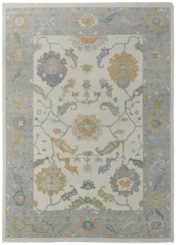 12' X 15' Ivory Orange And Blue Floral Hand Knotted Area Rug With Fringe