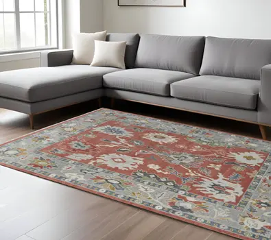 12' X 15' Red Gray And Ivory Floral Hand Knotted Area Rug With Fringe